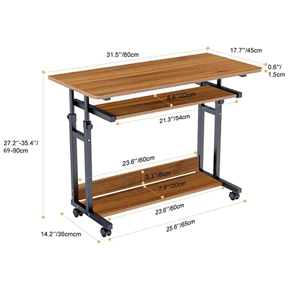 Bureautafel - Bureautafel voor Volwassenen - Bureautafel voor Computer - Computer bureau - Computer Tafel - Laptoptafel - Computerbureau met wielen - Hoogte verstelbaar - PC-tafel - Chocolade