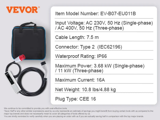 SucceBuy Portable EV Charger Type 2 16A 3.68kW/11kW or 32A 7.36kW/22kW with 7.5 M Charging Cable CEE Plug LCD Home EV Charging