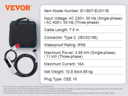 SucceBuy Portable EV Charger Type 2 16A 3.68kW/11kW or 32A 7.36kW/22kW with 7.5 M Charging Cable CEE Plug LCD Home EV Charging
