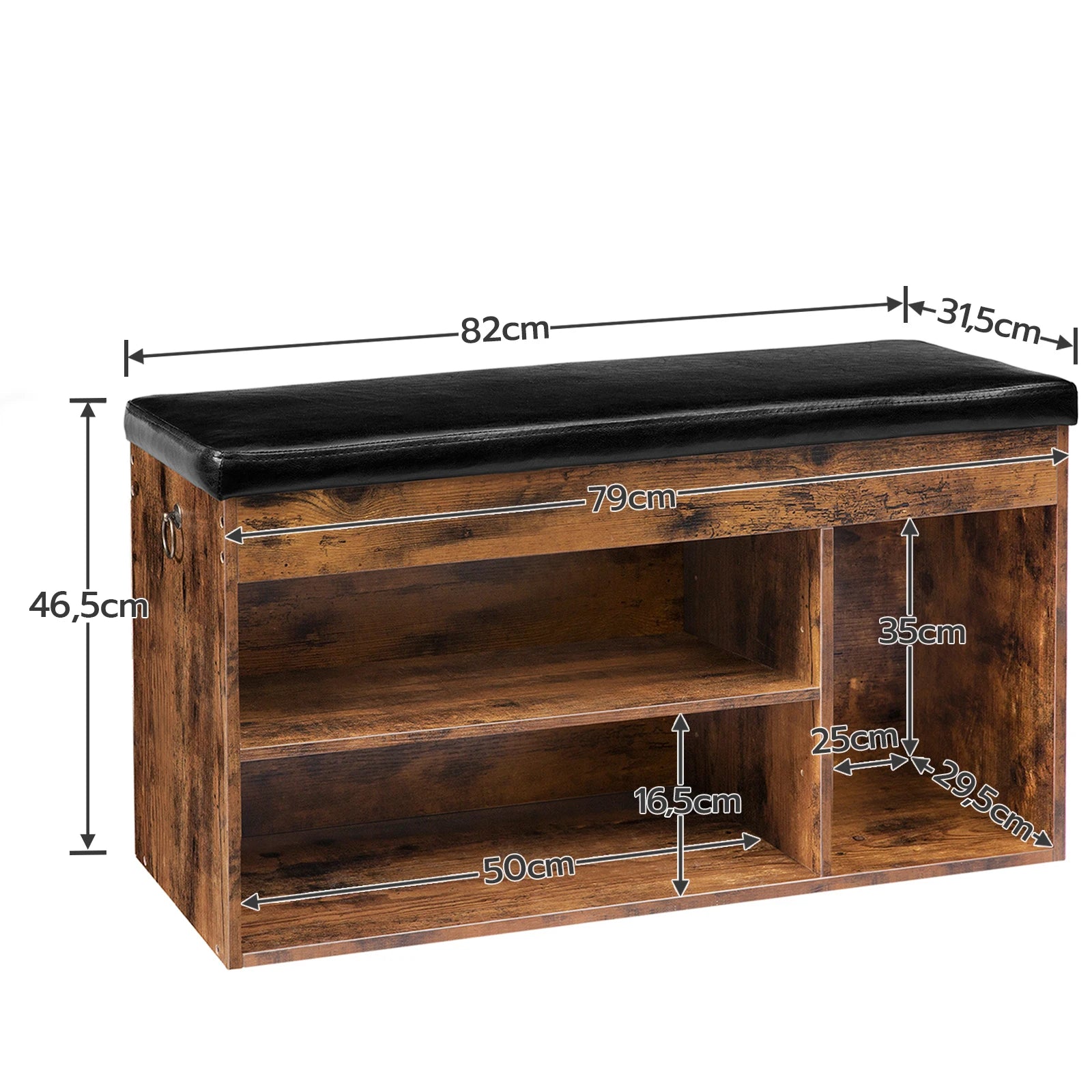 Schoenenbank - Schoenen Opbergsysteem – 3 Vakken - Opbergbox - Schoenenrek – Industrieel - Hout – Opbergruimte Onder De Zitting – Halbank - 82 x 31 x 46,5 cm - Rustic Brown - QUORE