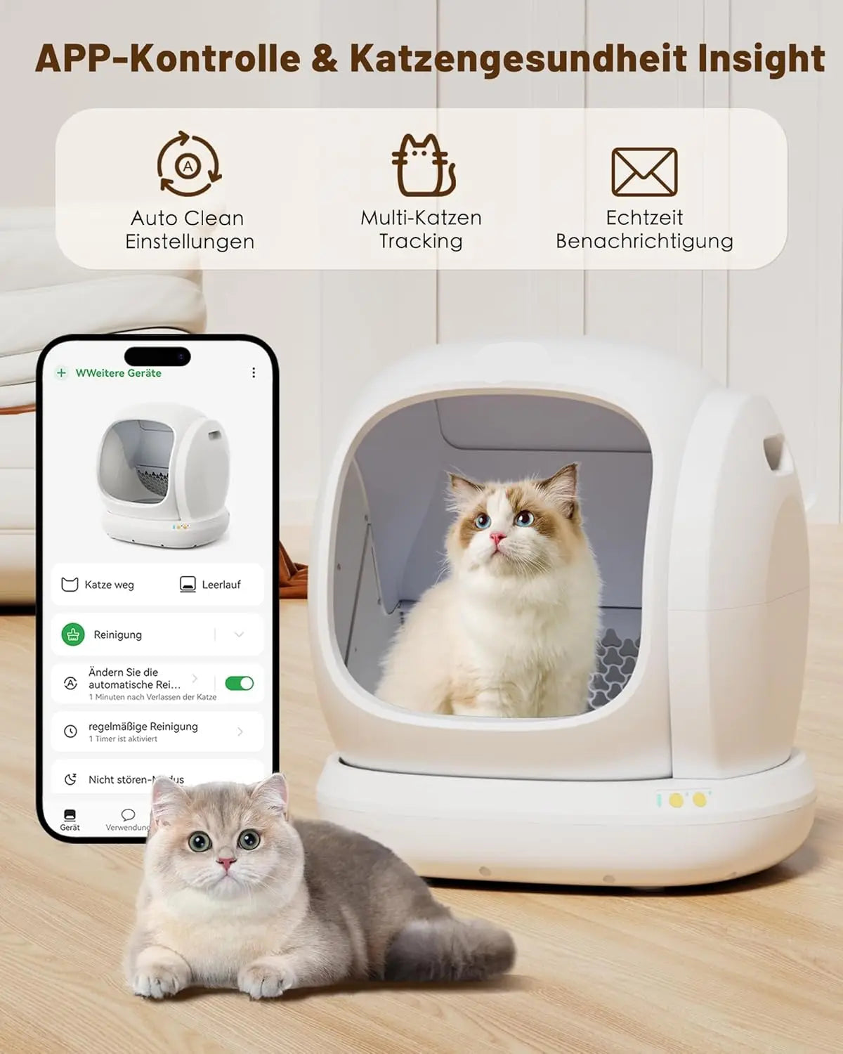 Automatische Kattenbak – Slimme Kattenbak – Zelfreinigende Kattenbak – App Bedienbare Kattenbak – Ruime Lage Instap – Geschikt Voor 1,5 Tot 8 Kg - Wit - XXL