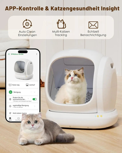 Automatische Kattenbak – Slimme Kattenbak – Zelfreinigende Kattenbak – App Bedienbare Kattenbak – Ruime Lage Instap – Geschikt Voor 1,5 Tot 8 Kg - Wit - XXL