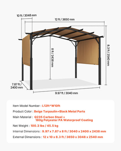 Pergola – Tuinoverkapping – Schaduwdoek – Buitenverblijf – 12x10 Foet– Stalen Frame – Waterafstotend Polyester