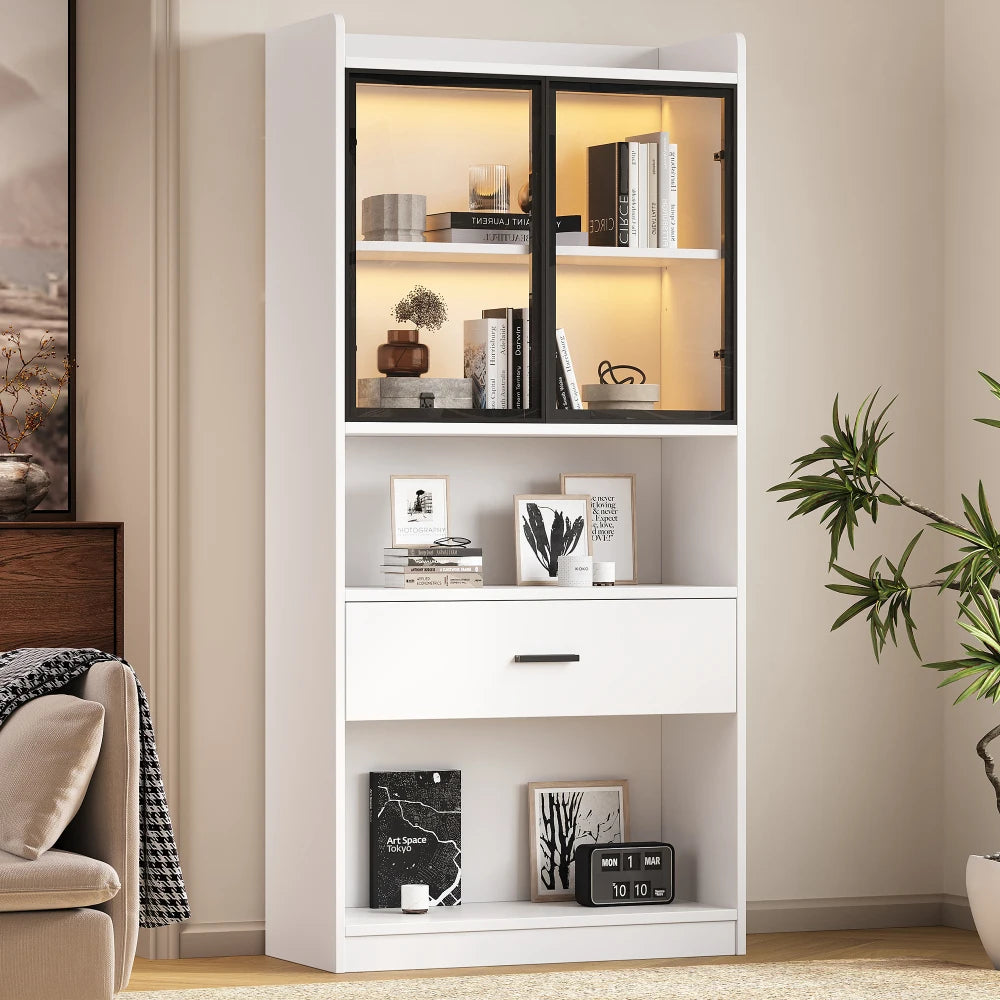 Vitrinekast – Vitrinekast Met Led – Glazen Kast – Boekenkast – Displaykast – Verstelbare Legplanken – Moderne Wit Met Afstandsbediening