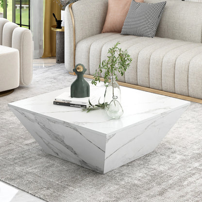 Salontafel – Koffietafel – Woonkamertafel – Tafel Met Opbergruimte – Trapeziumvormige Tafel – MDF Met Wit Marble Veneer – 2 Lades – 70x70x37 cm