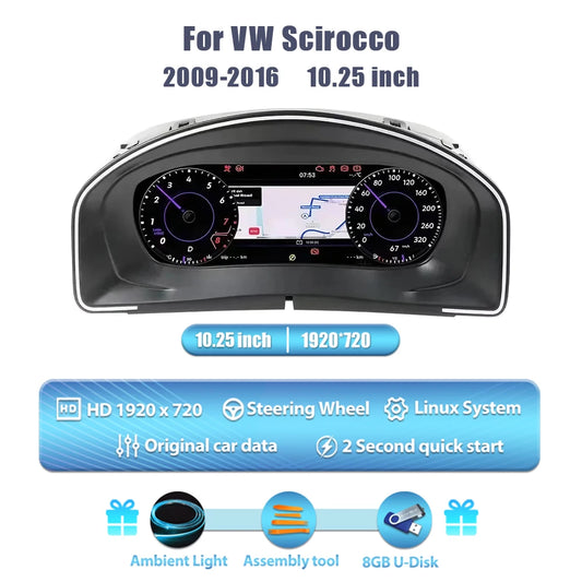 Digitaal Dashboard – LCD Display – Auto Panel – Cockpit Scherm – Multimedia Cluster – 10,25 Inch HD IPS – Plug & Play Installatie – Voor VW Scirocco 2004-2016