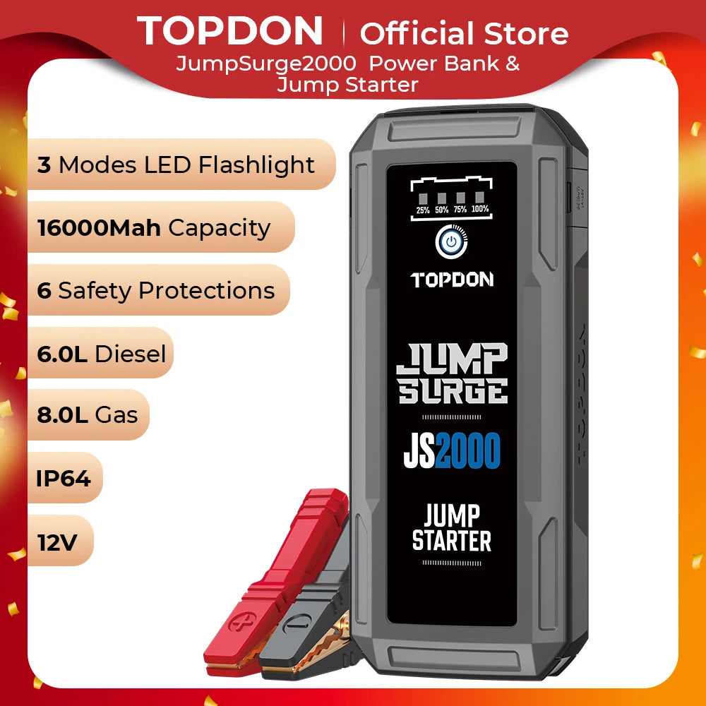 Topdon JS2000/JS1500/JS1200 2000A/1200A Jump Starter Power Bank 12V Car Starting Device 16000Mah Battery Jump Start for Booster - QUORE