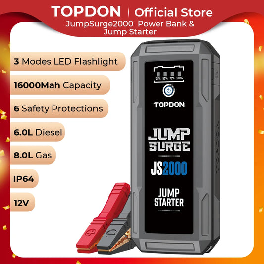 Topdon JS2000/JS1500/JS1200 2000A/1200A Jump Starter Power Bank 12V Car Starting Device 16000Mah Battery Jump Start for Booster - QUORE