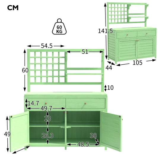 Houten Tuinkast - Tuinhuisje - Buitenkast - Gereedschapsschuur - Gereedschapskast - Gereedschapshuisje - Terraskast - met Werkblad - en Opbergruimte - 105x44x141,5 cm - Balkon - en Tuinmeubilair - Groen