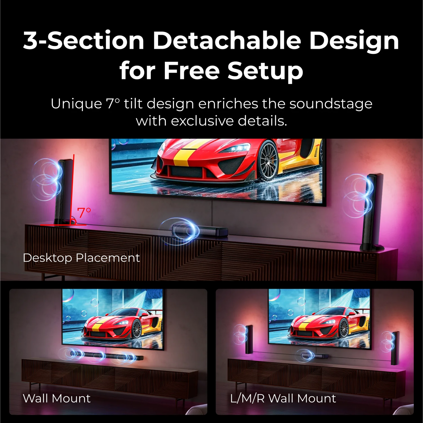 Soundbar - 7.1ch - Soundbar voor TV - Afneembare Soundbar - met 2 Surround-Luidsprekers - Subwoofer - RGB - APP-bediening - 102dB - 45Hz-20KHz - Compatibel met AUX - Optical Input - USB - Bluetooth - HDMI - Zwart