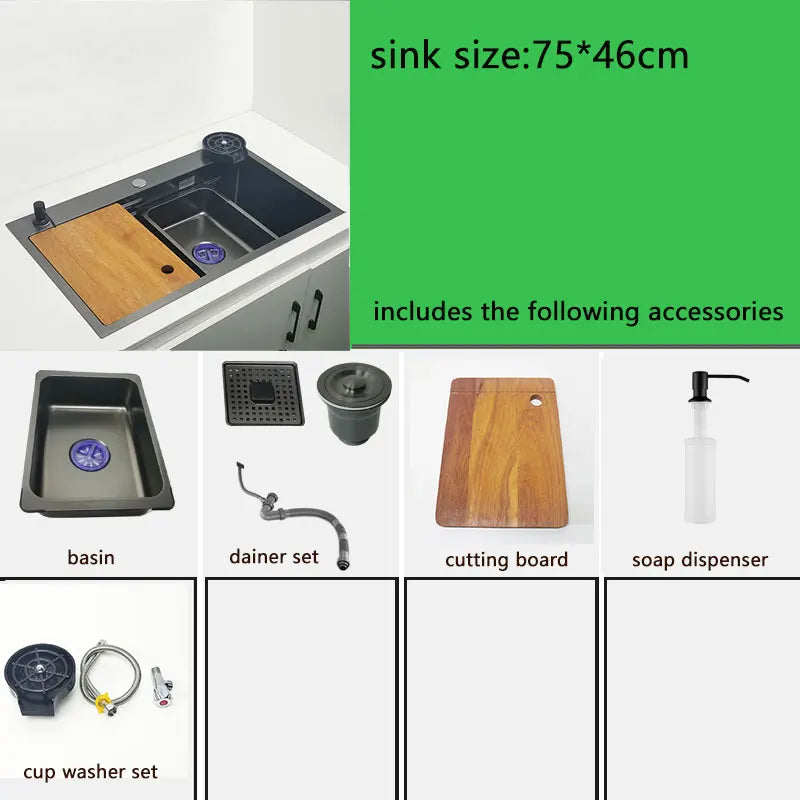 Nano Kitchen Sink Matte Black Above Mount Washing Basin with chopping board 304 Stainless Steel Single black kitchen sink