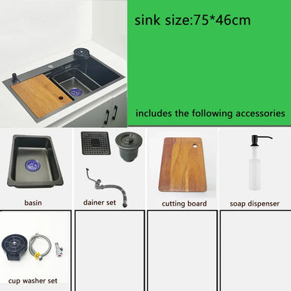 Nano Kitchen Sink Matte Black Above Mount Washing Basin with chopping board 304 Stainless Steel Single black kitchen sink