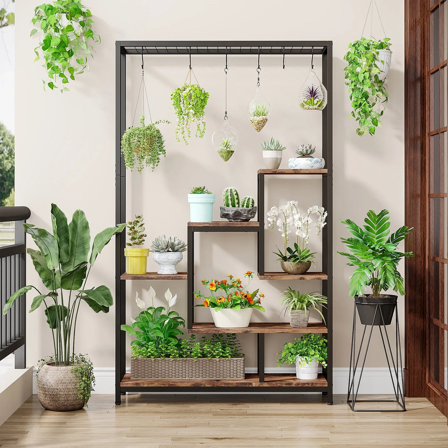 Plantenstandaard - Hoge Binnen Plantenplank - 5-Tier - 70.9 Inch Hoogte - Grote Metalen Plantenrek - Plantenrekken - Bloemenrek - Plantenstandaarden - Inclusief 10 Ophanghaken – Geschikt voor Tuinen en Interieur - Grijze Afwerking