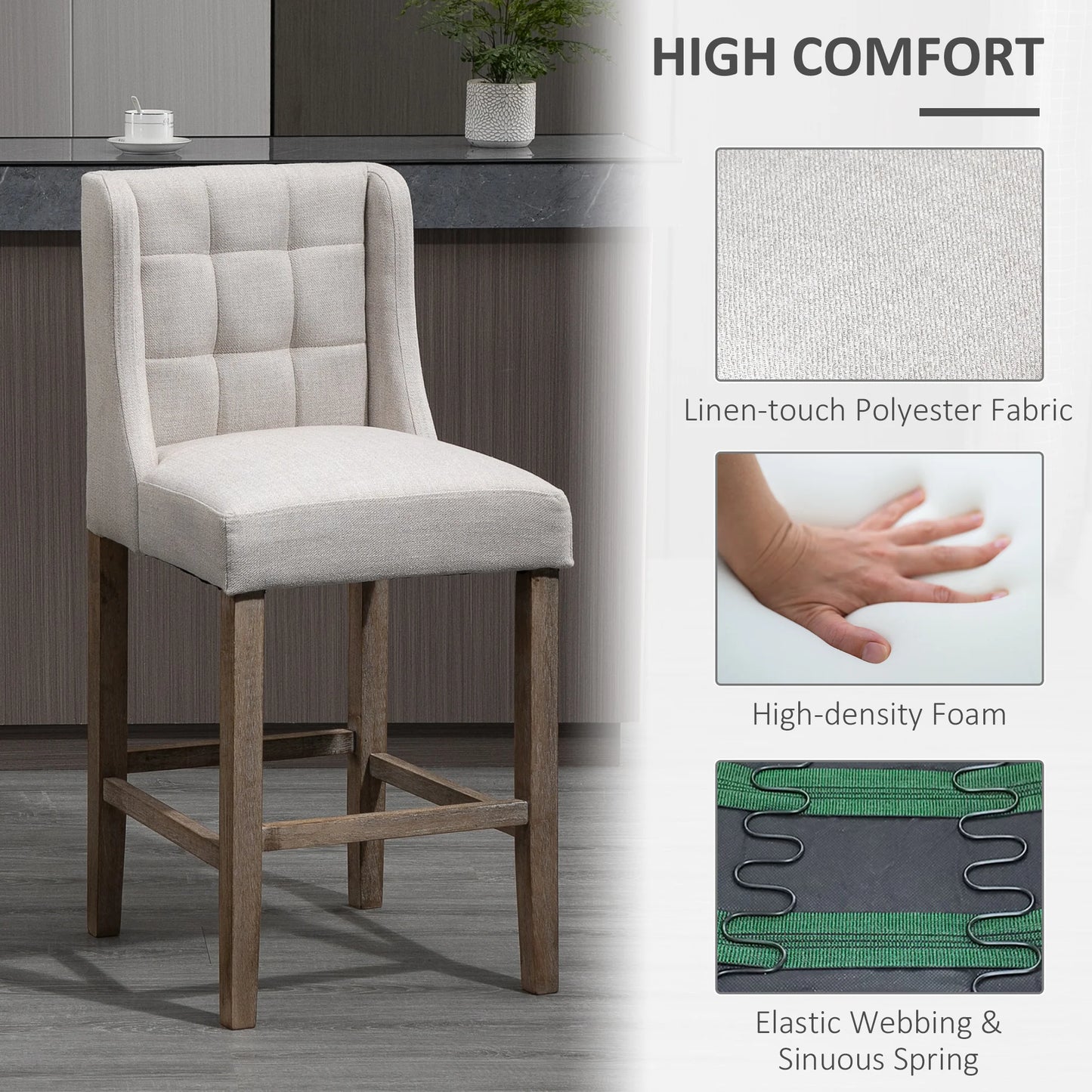 Barkrukken – Barstoelen – Keukenstoelen – Barstoelen Set – Barkrukken Met Rugleuning – Zithoogte 67 cm – Polyester Stof Met Rubberhouten Poten - Beige
