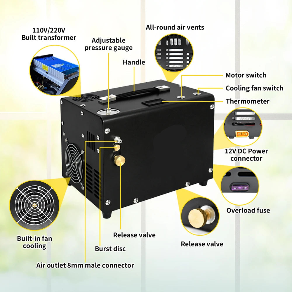 Luchtcompressor - Draagbare  Hogedrukluchtcompressor - Airpress Compressor - 300 bar - 4500Psi PCP - 120V - met 12V Voedingsadapter - Auto-stop - Scuba PCP-tank