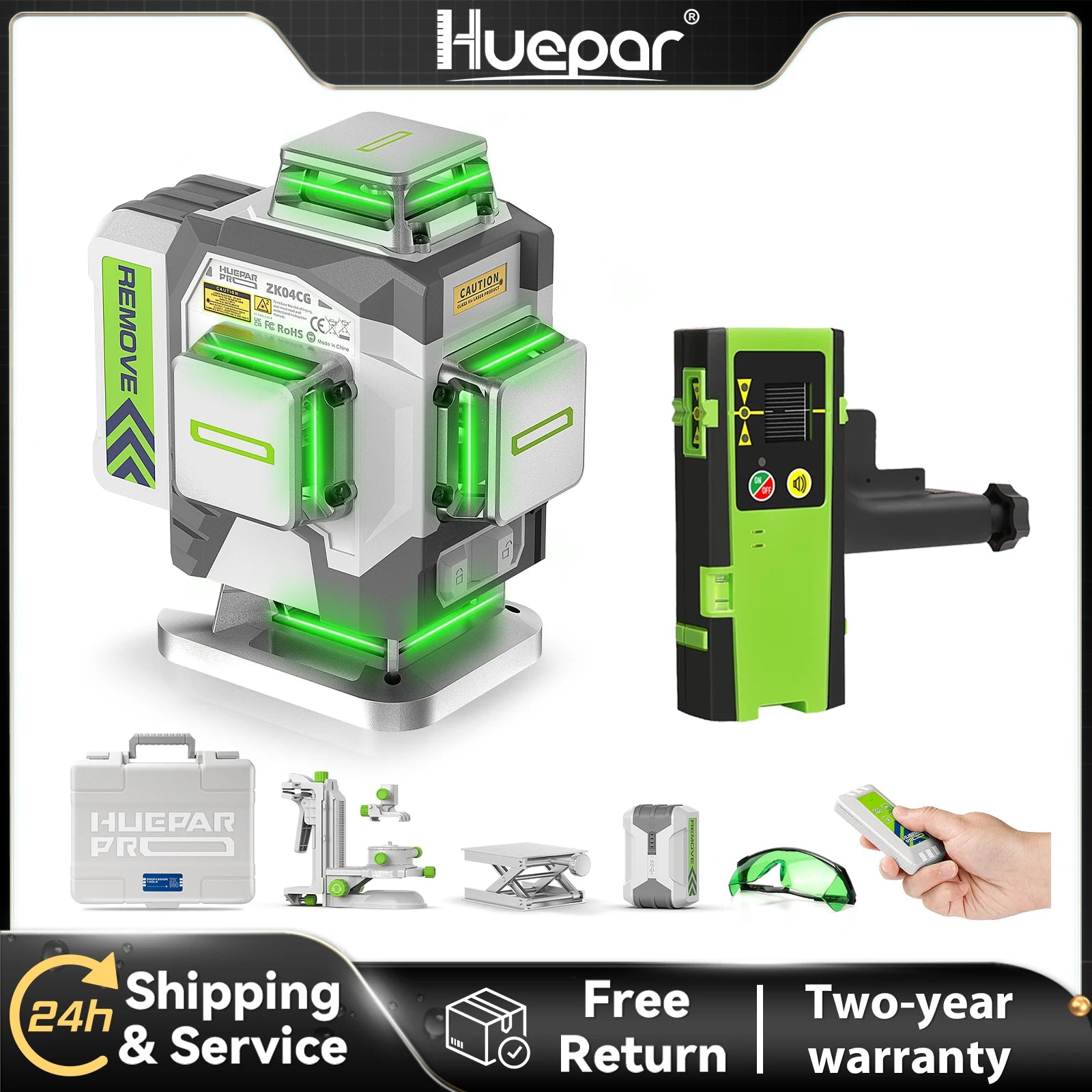 Huepar 4D Cross Line Laser Level High Accuracy ±2mm/10m Self Leveling Green Laser Tools With 8000mAh Li-ion Battery & Receiver - QUORE