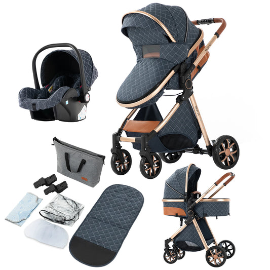 Stroller - 3 in 1 Portable Stroller - Jogging Buggy - Runner - Lightweight Stroller - Baby Stroller - Pushchair - Travel Stroller for Newborn Baby - High Landscape - 3 Pieces Buggy Pram - Blue