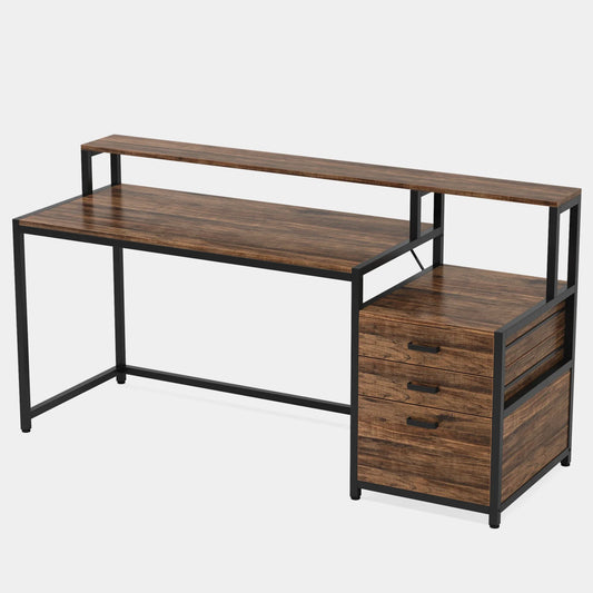 Computerbureau – Bureau – Werkplek – Bureau Met Opbergruimte – Ergonomisch – Berkenhout Met Metalen Frame – Verhoogde Monitorstandaard - 160 x 50 x 90 cm - Bruin - QUORE