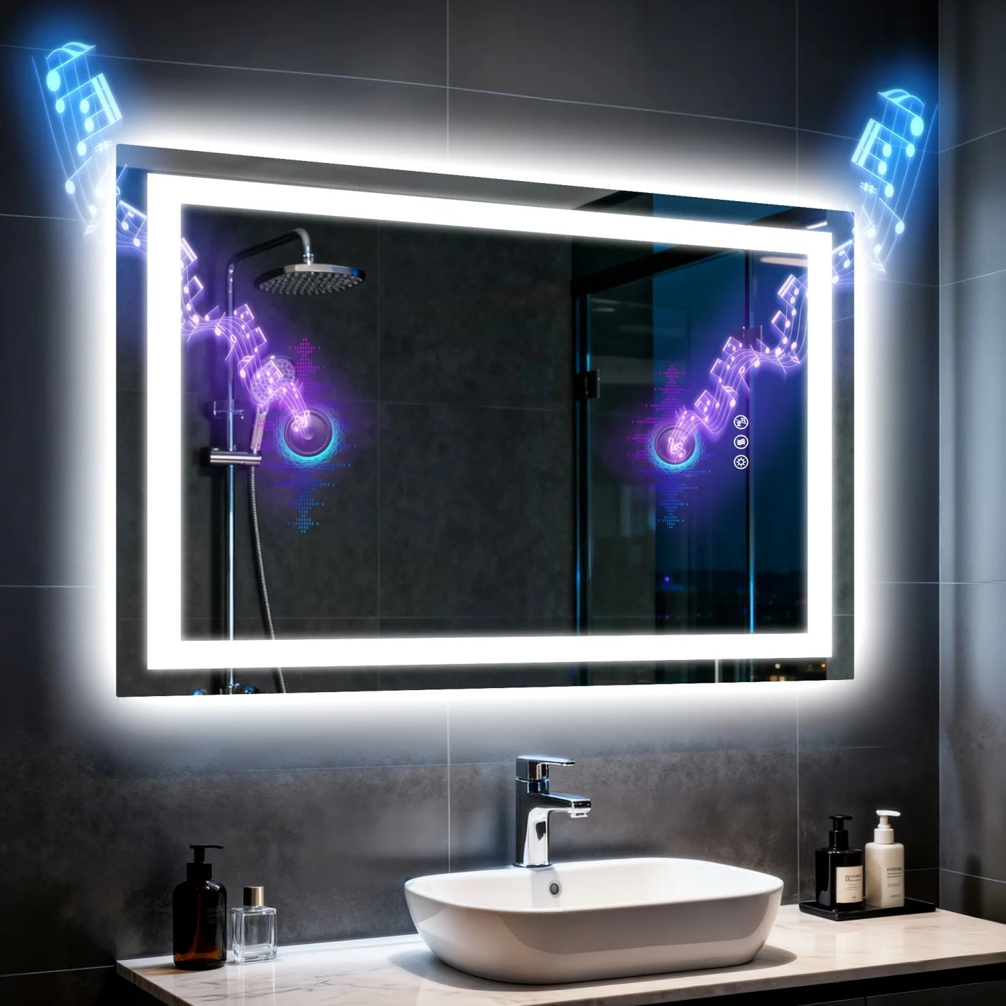 LED Badkamerspiegel – Spiegelpaneel – Lichtspiegel – Make-up Spiegel – Badkamer Wandspiegel – 50x70 cm – Ingebouwde Bluetooth Speaker – Anti-Fog Met Dimbaar LED-Licht - QUORE