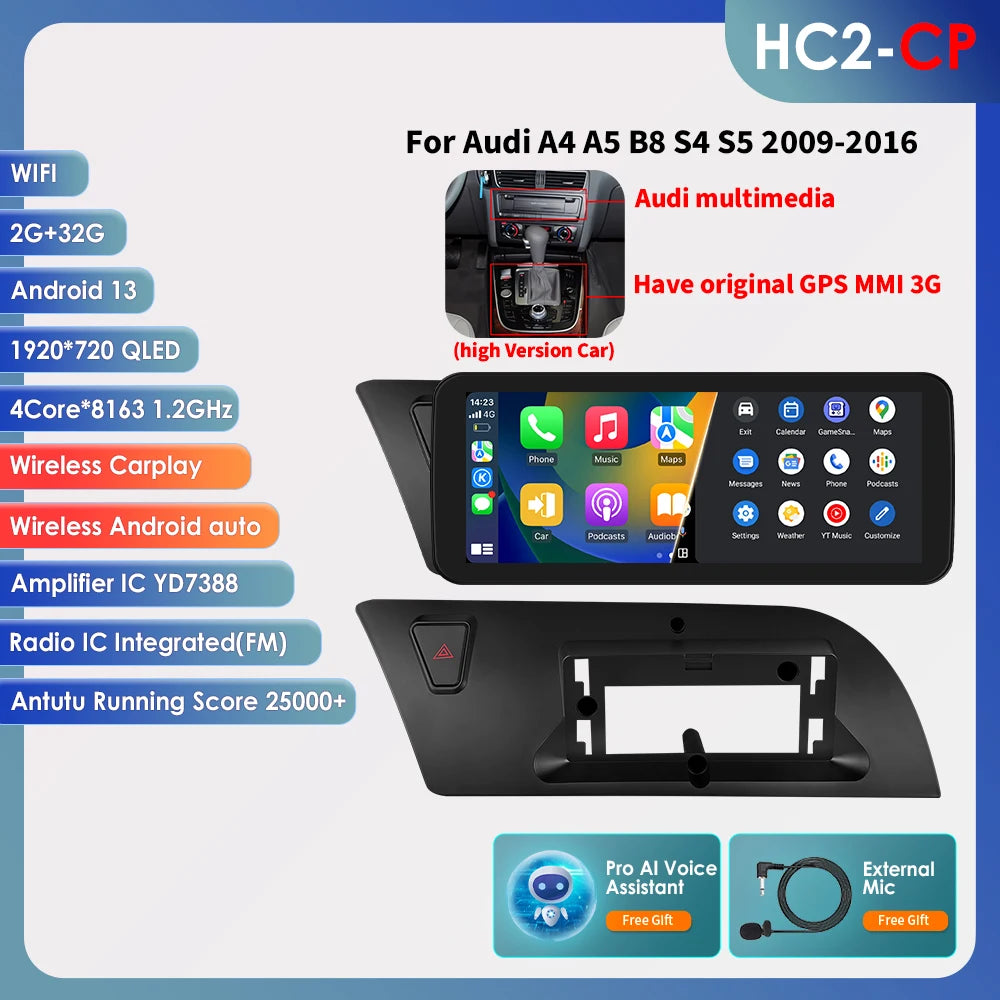 Hizpo AI Voice WIFI 4G-LTE Android 13 Car Radio for Audi A4 A5 B8 S4 S5 2009-2016 Multimedia Video Player GPS 2din BT Autoradio