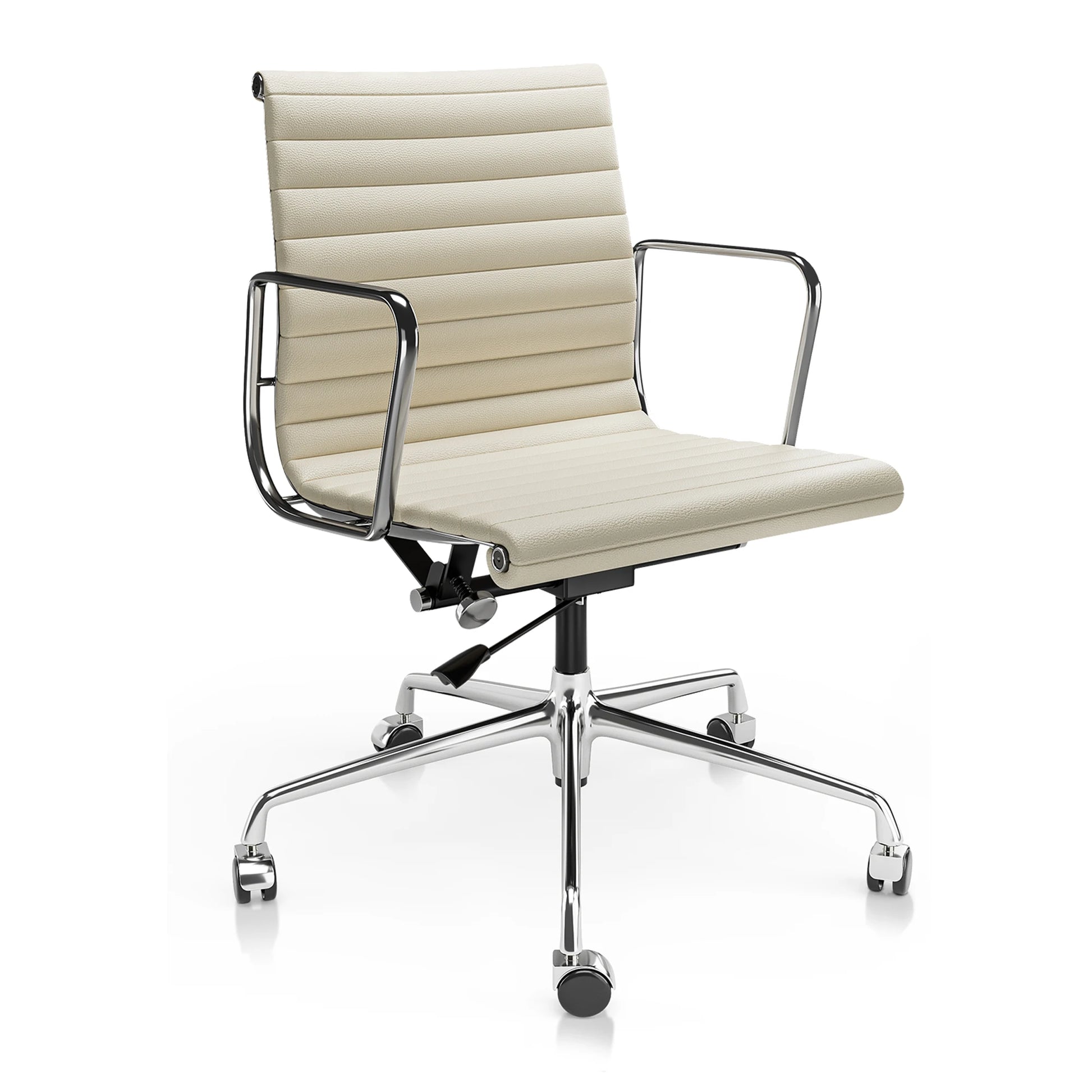 Witte Lederen Bureaustoel – Ergonomische Kantoorstoel – Draaibare Gamingstoel – Verstelbare Werkstoel – Geribbelde Rugleuning – Hoogwaardig Echt Leer – Aluminium Frame - QUORE