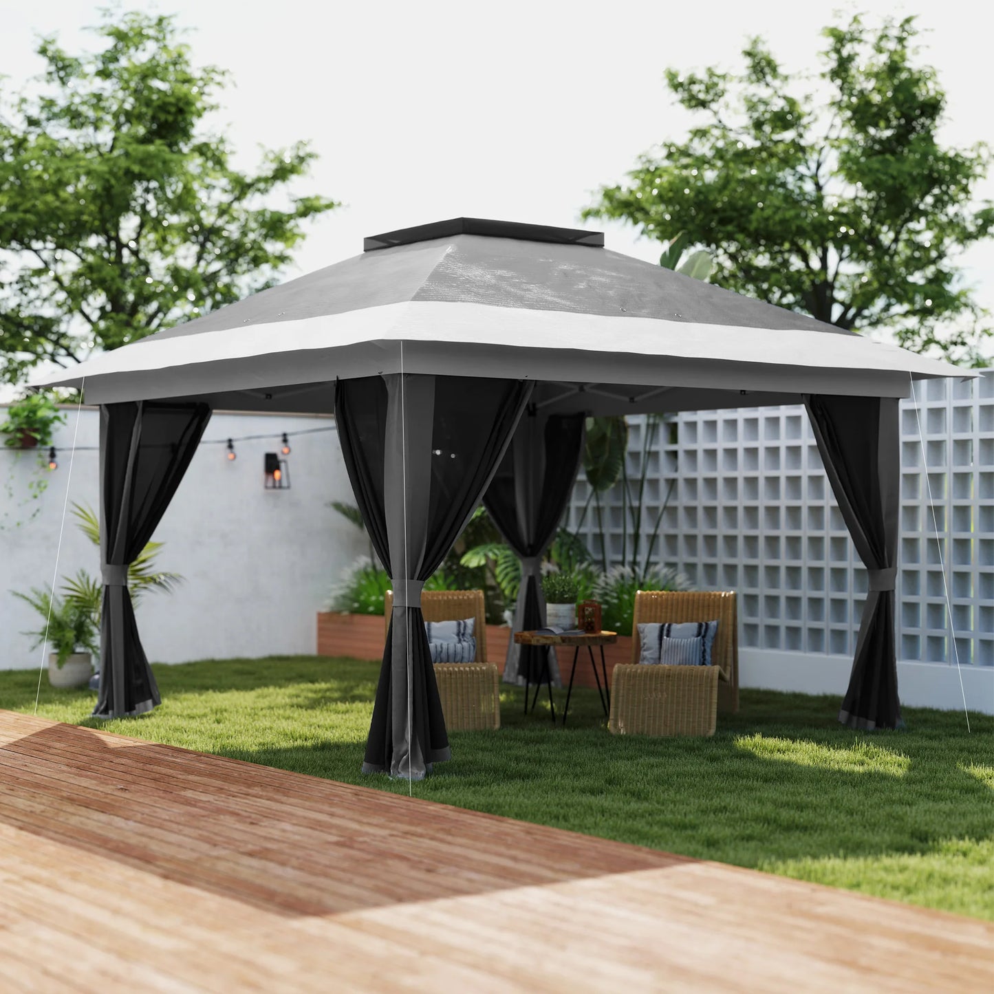 Paviljoen - Tuinpaviljoen - Partytent - Tuintent - Pop-up Kliksysteem - Stabiel - Vouwtent - met Mesh Cover - Opvouwbaar - Waterdicht - Winterbestendig - 50+UV-Bescherming - voor Tuin - Buiten - Achtertuin - 3.6 x 3.6 m - Grijs