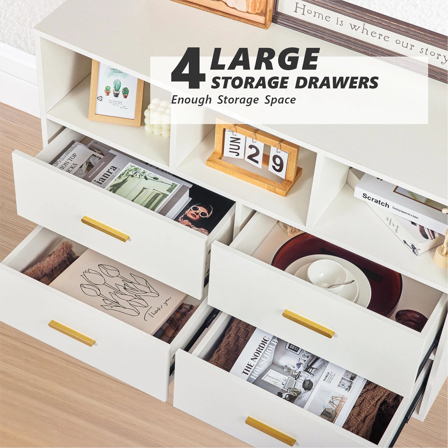 4-Ladekast – Ladekast Met Open Vakken – Opberger – Meubelstuk – Massief Hout – 4 Lades – 3 Open Vakken - Wit
