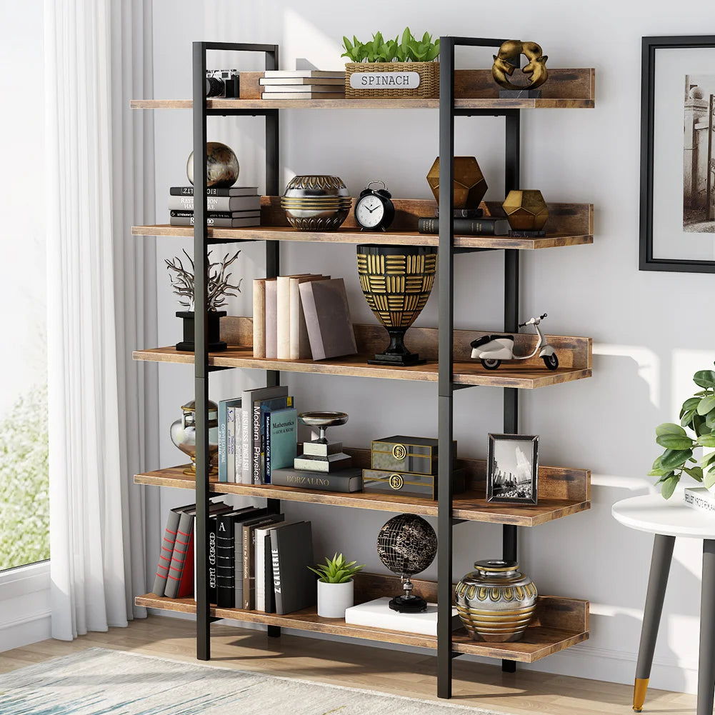 Boekenkast - Kast - Ladderkast - Wandkast - Industriële 5-Laags - met IJzeren Frame – Stabiele Opbergplank voor Boeken & Decor – Bruin - QUORE