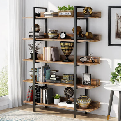 Boekenkast - Kast - Ladderkast - Wandkast - Industriële 5-Laags - met IJzeren Frame – Stabiele Opbergplank voor Boeken & Decor – Bruin - QUORE