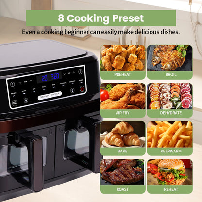 Heteluchtfriteuse 10L – Airfryer - Dubbele Lades – 2000W - 240V - Touchscreen – 8 Automatische Programma's – Kijkvenster - Zwart - QUORE