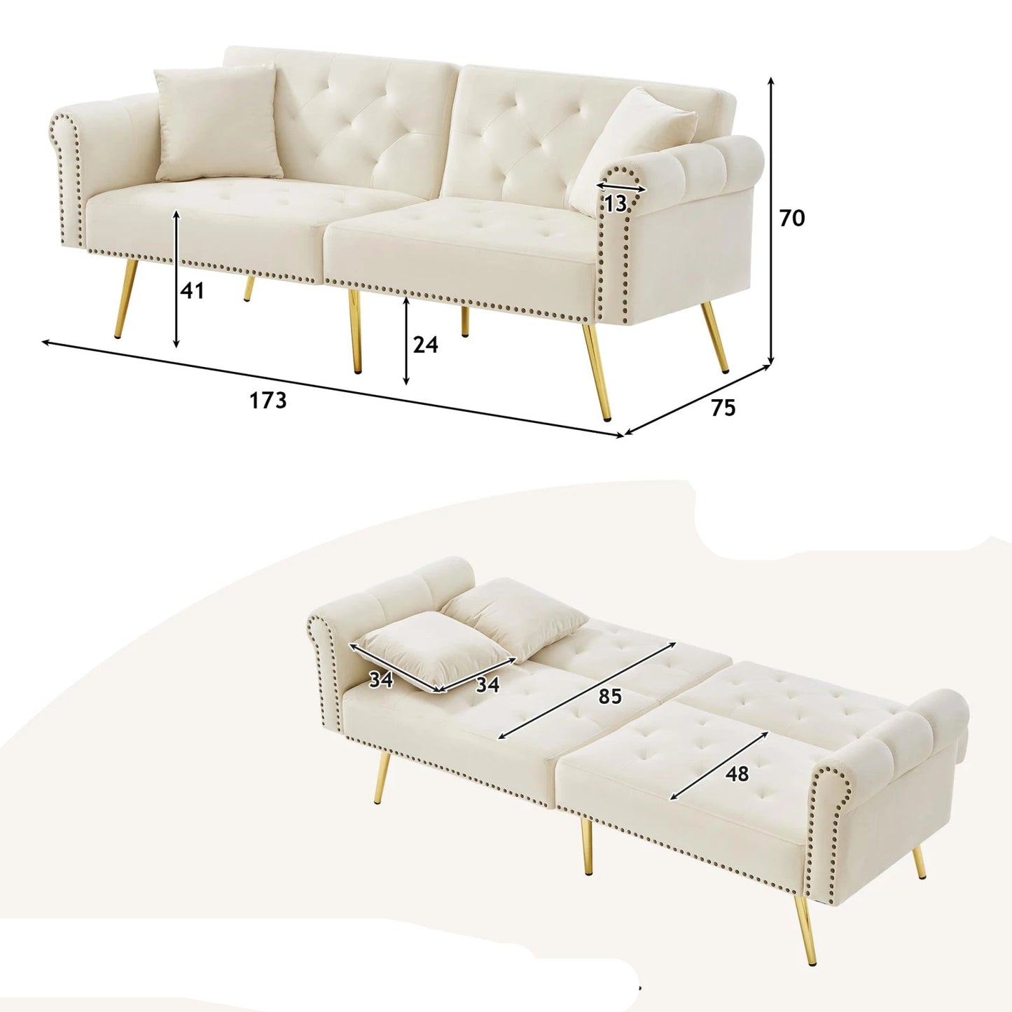 2-Zitsbank – Sofa Bed – Velours Bank – Slaapbank – Loungebank – Verstelbare Rugleuning – Gouden Metalen Poten