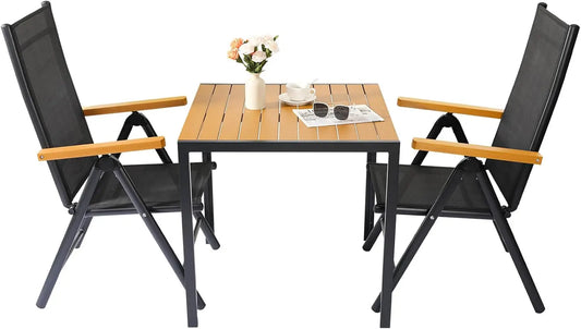 3-Delige Tuintafelset – Tuinmeubelset – Balkonset – Klapstoelset – Verstelbare Stoelen – Weerbestendig Aluminium - Zwart met Houtnerf