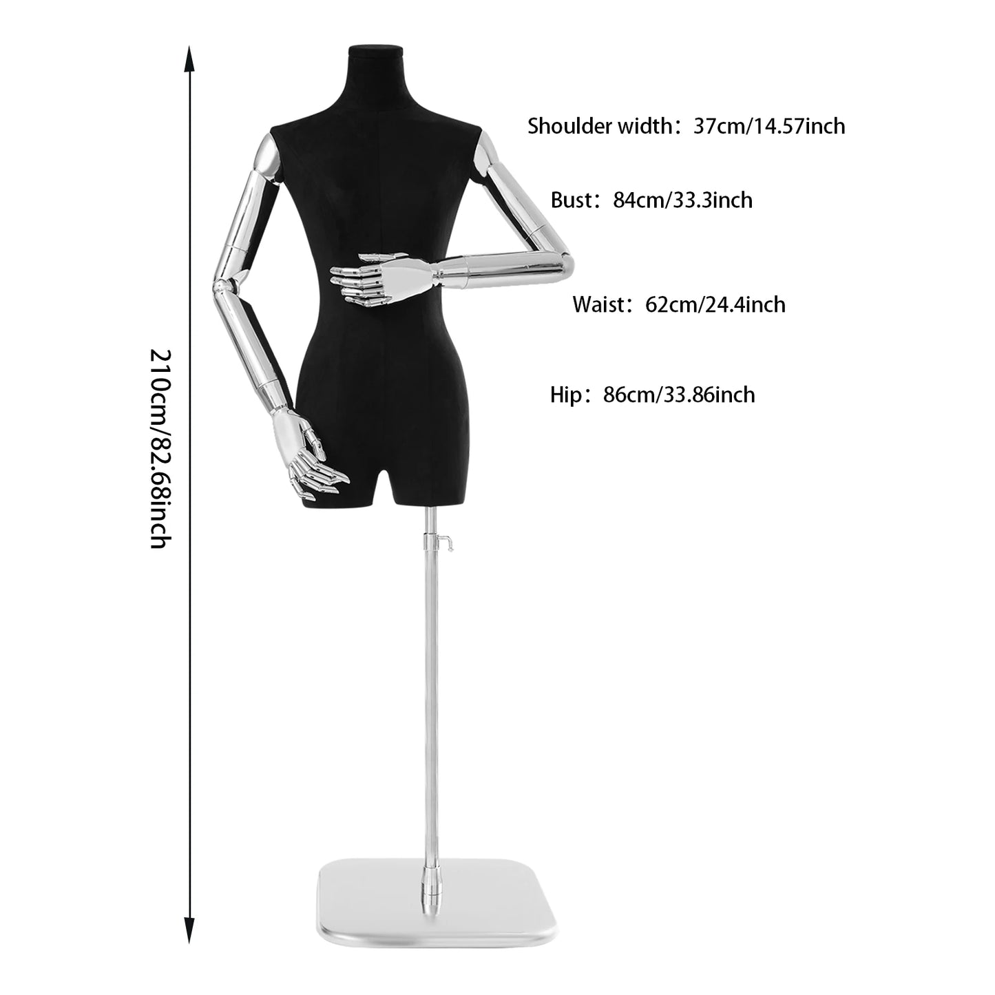 Damespaspop – Paspop – Kledingmodel – Mannequin – Displaypop – Verstelbare Hoogte 120-210 cm – Beweegbare Afneembare Armen – Zilver Zwart