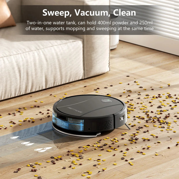 PrettyCare - Robotstofzuiger - Stofzuiger - Vloermop - HEPA-filter - 3000Pa - Alexa - WiFi - App - Zwart