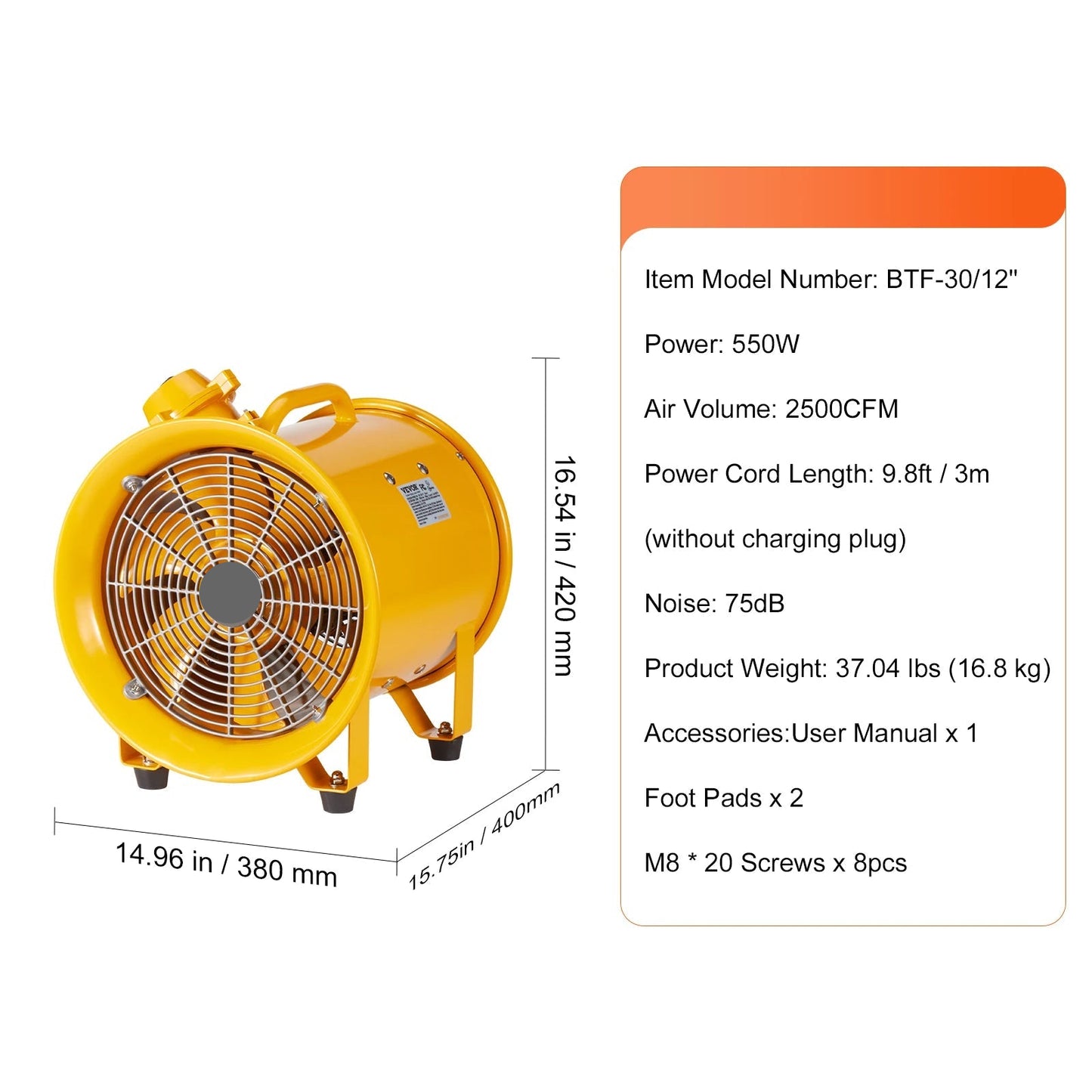 Bouwventilatoren - 550W - Ventilator - Uitlaatventilator -  Industriële Extractor - en Blower - Draagbare - voor Magazijnen - Bouwplaatsen en Thuisgebruik