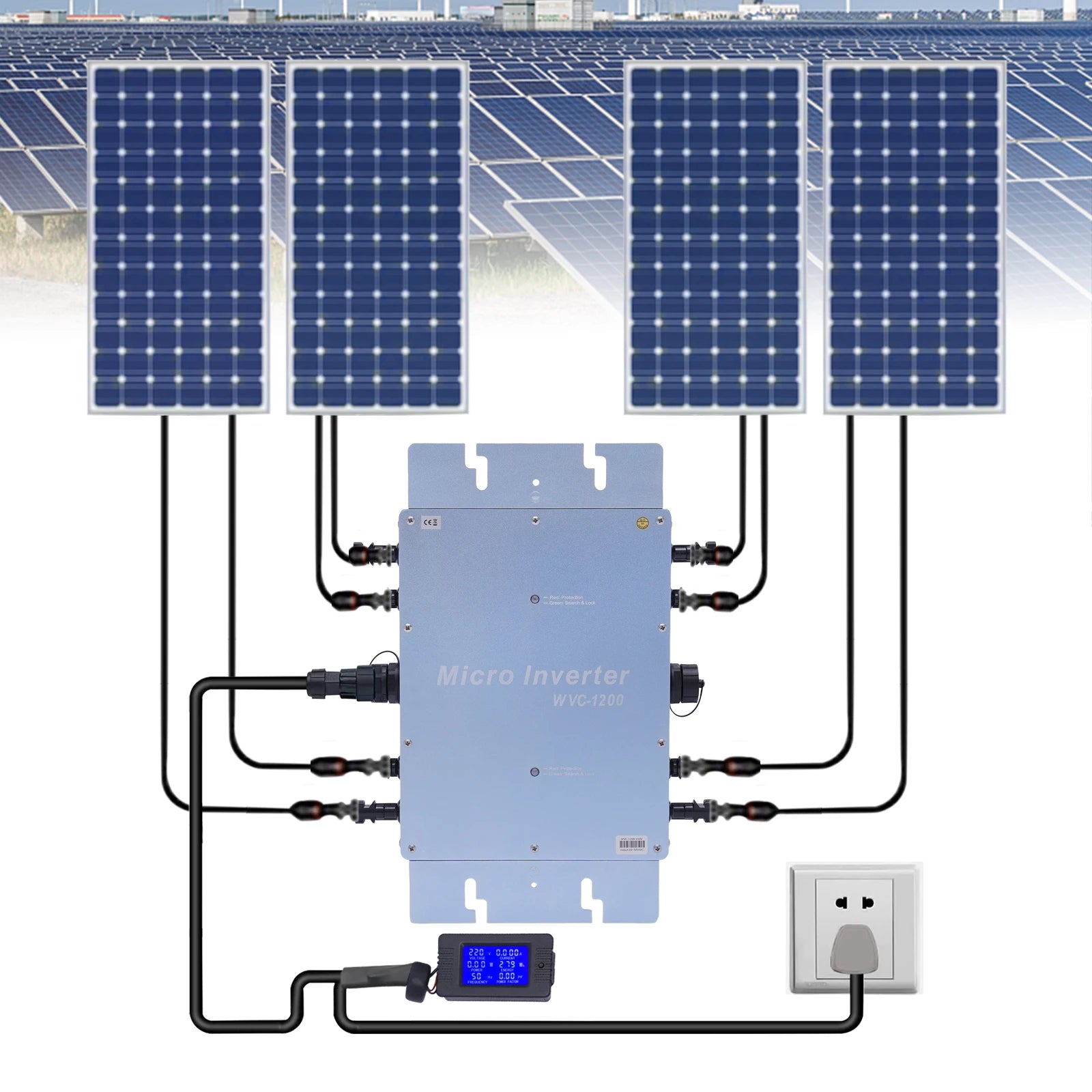 WVC-1200W Solar Grid Tie Micro Inverter IP65 Waterproof MPPT 220V Solar Microinverter DC22-50V for 30V/36V Solar Panels, EU Plug - QUORE