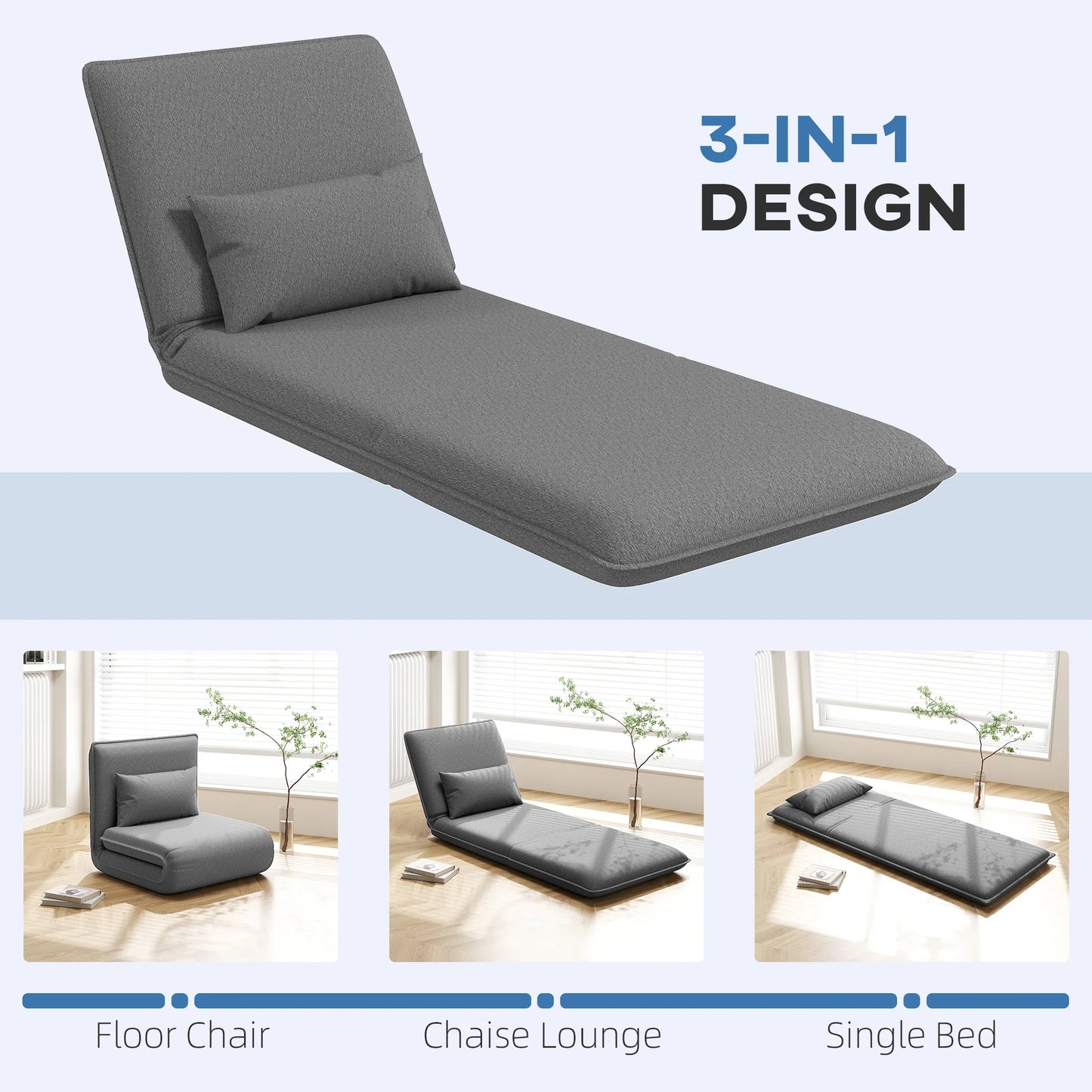Vloerstoel – Zitstoel – Loungestoel – Slaapstoel – Inklapbaar – 6 Verstelbare Posities – Kunstleer Bekleding - 75 x 81 x 68 cm - Grijs - QUORE