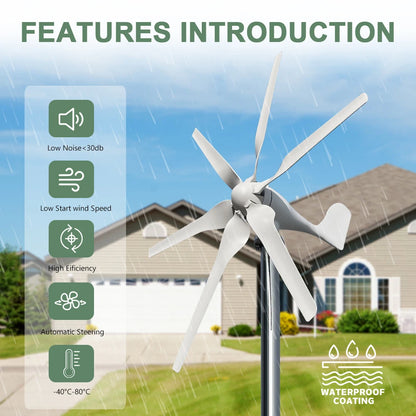 Windturbine – Duurzame Energie – Windgenerator – 6-Bladig – 1000W Vermogen – Glasvezel Basalt Bladen - 24V - Off-grid systeem