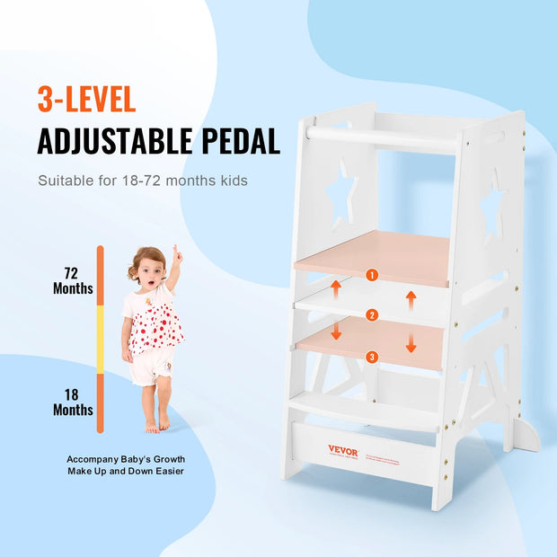 Leren Toren - Kinderen Leren Toren - Kinderen Opstapkrukje - Leren Toren Keukenhulp - Opstapkrukje Bamboe - Hoogte 3 niveaus - Verstelbaar - met veiligheidsrail - Keuken Aanrecht Badkamer