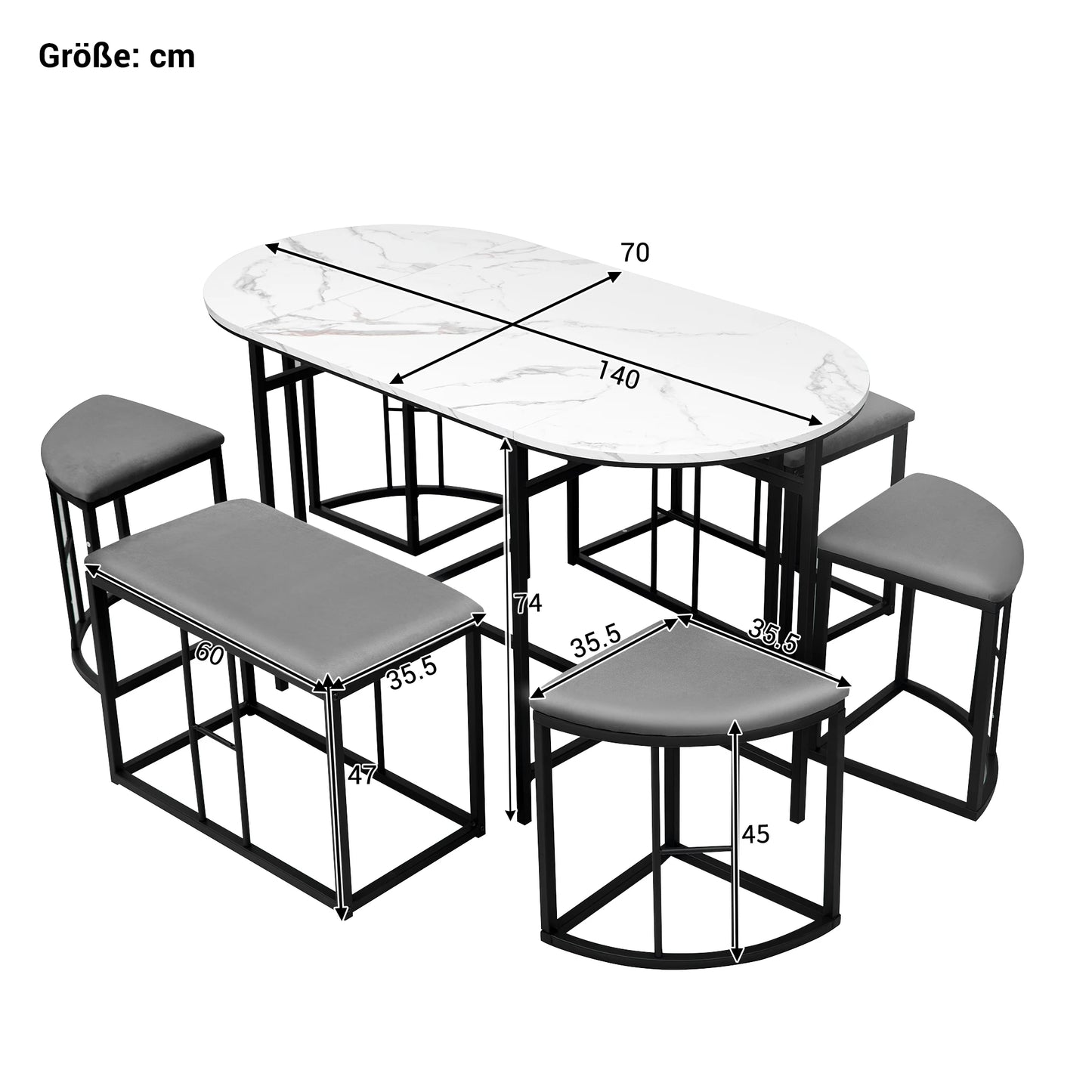 Eettafelset – Eettafel Met Krukjes – Eettafel Incl. Kruk – Moderne Eettafel – Marmerlook Tafelblad – Stevig MDF Frame - Grijs