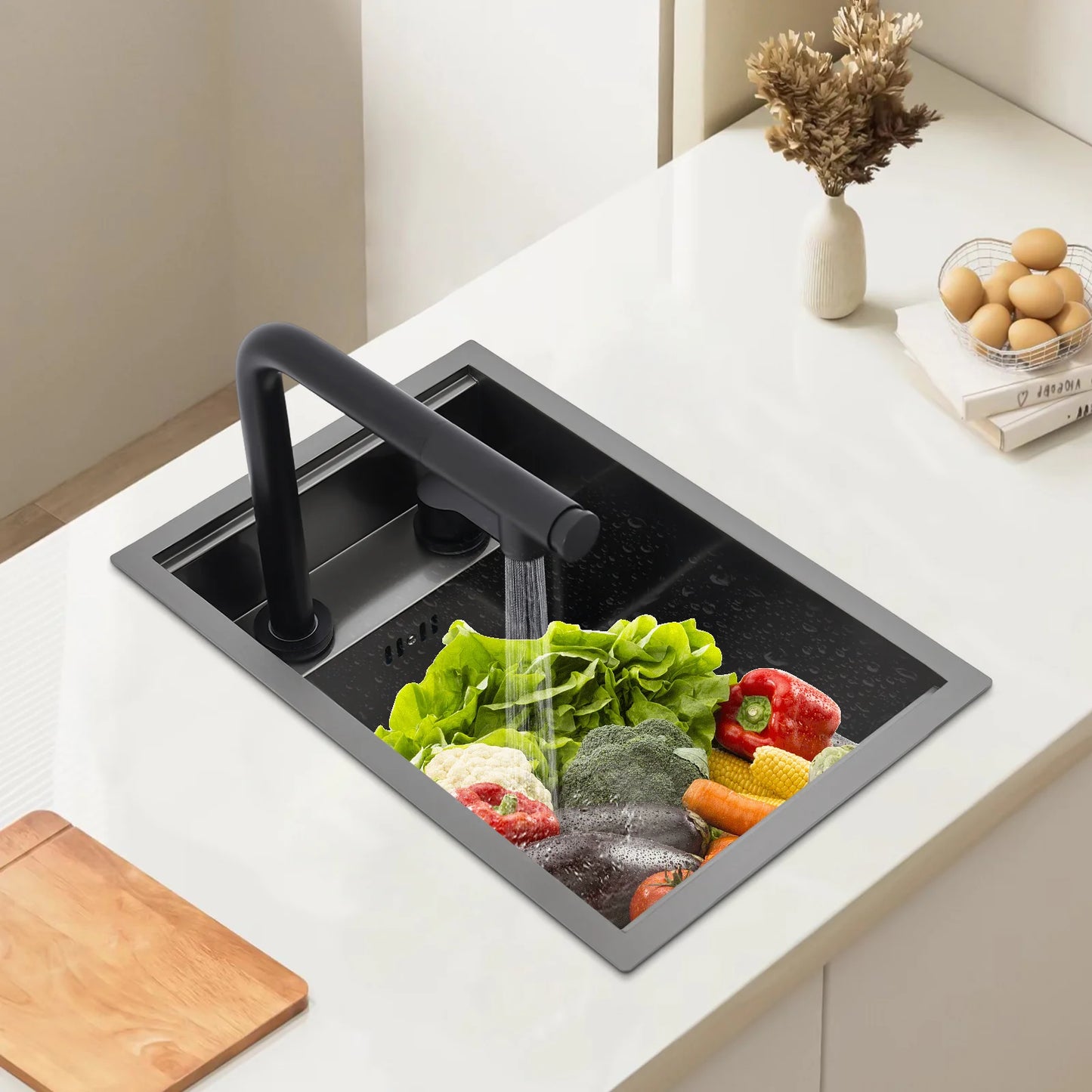 Ingebouwde Keukenspoelbak – Spoelbak Met Uittrekbare Kraan – Keukenkraan – Barspoelbak – Aanrechtspoelbak – Zwart Roestvrij Staal – Grote Spoelbak Met Nano Coating – Uittrekbare Kraan Met Warm/Koud Water