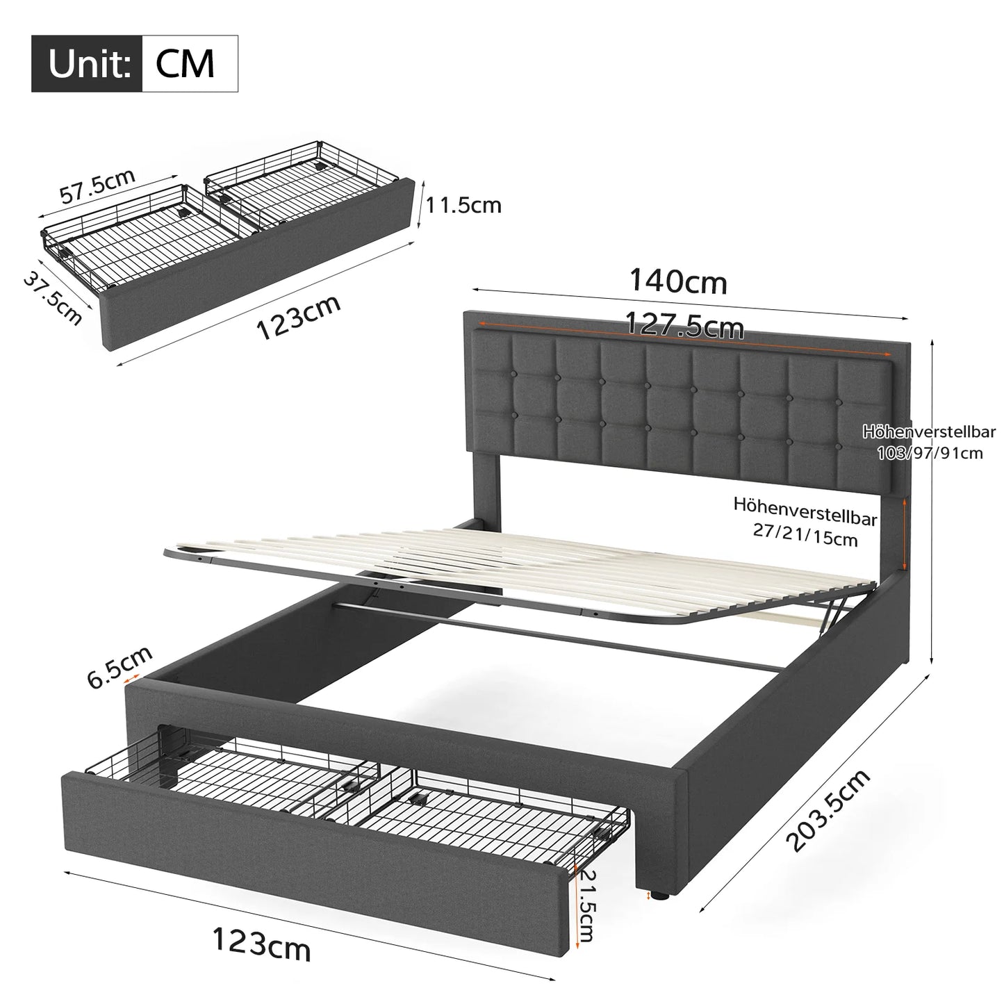 Tweepersoonsbed – Bedframe – Slaapbed – Opbergbed – Boxspringbed – Stabiel Metalen Frame – Hydraulische Opbergruimte 140x200 cm - Donkergrijs - QUORE