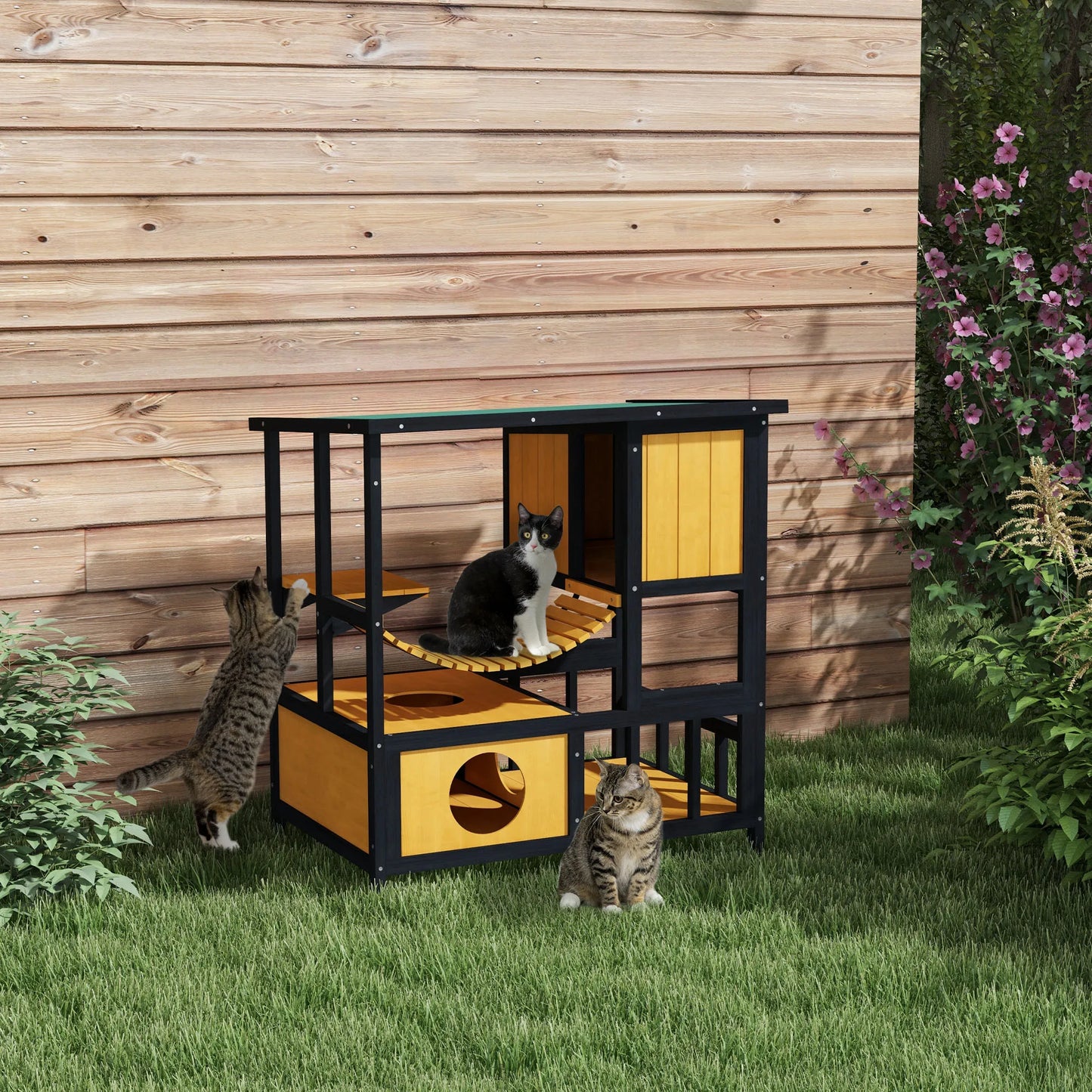 Houten Kattenhuis – Buitenverblijf – Kattenhok – Kattenhuisje – Buiten Kattenhut – Waterafstotend Dak – Speelplatform