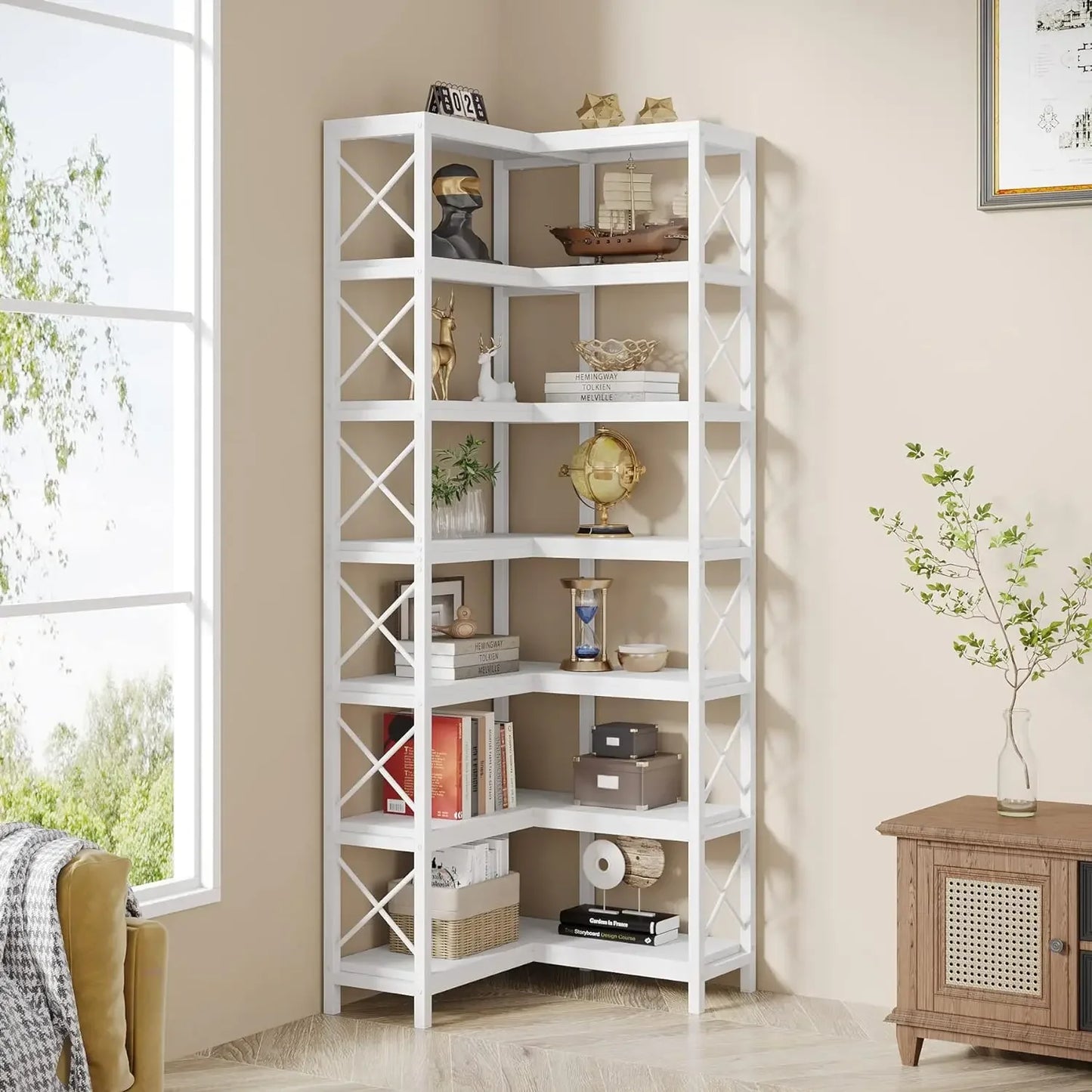 Hoekboekenkast – Hoekkast – Boekenkast – Opbergkast – L-vormig – 7 Planken – MDF Metalen Frame