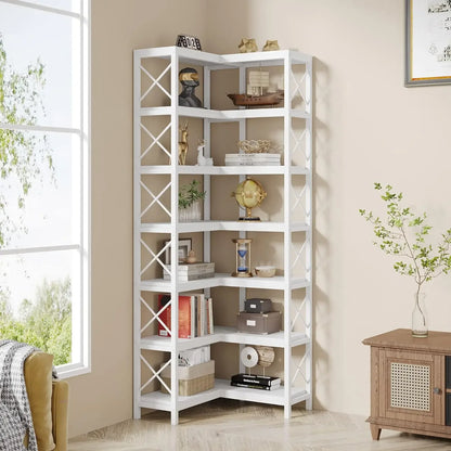 Hoekboekenkast – Hoekkast – Boekenkast – Opbergkast – L-vormig – 7 Planken – MDF Metalen Frame