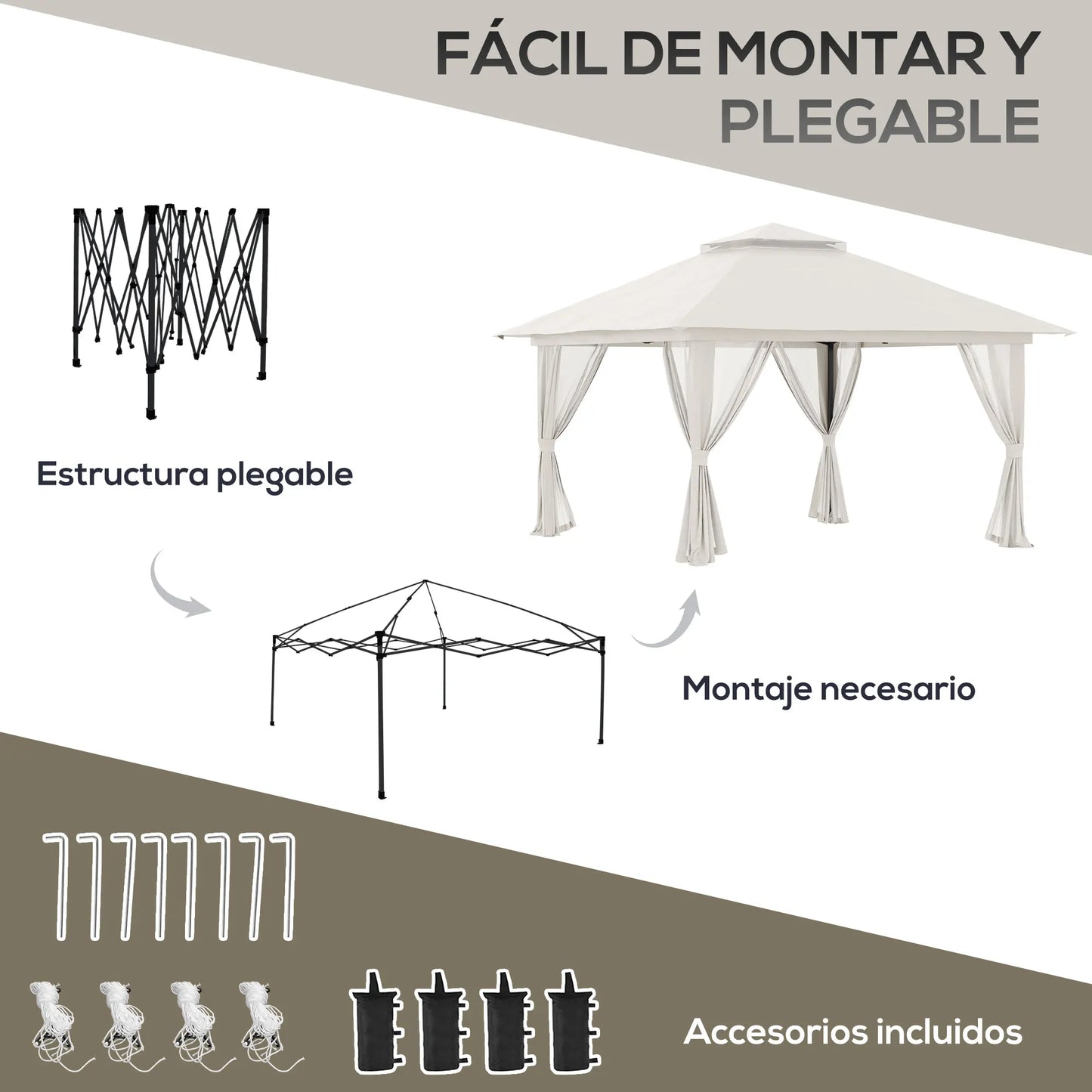 Tuinpaviljoen - Vouwtent – Pop-Up Tent – Opvouwbare Tent – Beschutting Tent – Verstelbare Hoogte – Waterafstotend Oxford Polyester – Metalen Frame - 4 x 4 m - Crème - QUORE