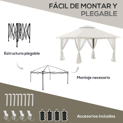 Tuinpaviljoen - Vouwtent – Pop-Up Tent – Opvouwbare Tent – Beschutting Tent – Verstelbare Hoogte – Waterafstotend Oxford Polyester – Metalen Frame - 4 x 4 m - Crème - QUORE