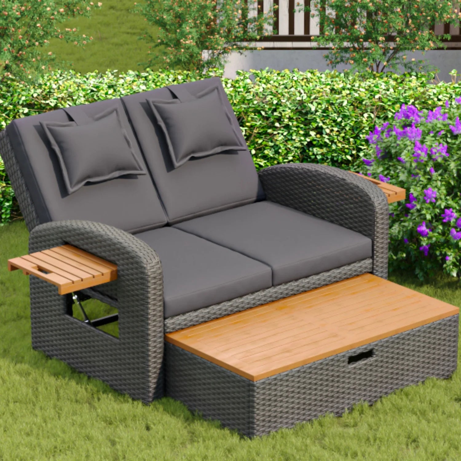 Tuinset – Buitenmeubel – Loungeset – Relaxstoel – Verstelbare Rugleuning – Weerbestendig Rattan – Opbergruimte Voetensteun - QUORE