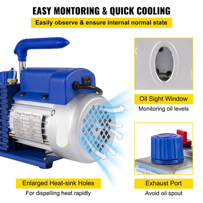 Vevor - Vacuum Pump - Refrigerant Vacuum Pump - Refrigeration Tools - 3 Gallon - Vacuum Chamber Kit - with 3 CFM - 1/4HP - Single Stage Vacuum Pump - HVAC A/C Refrigeration Kit - Blue