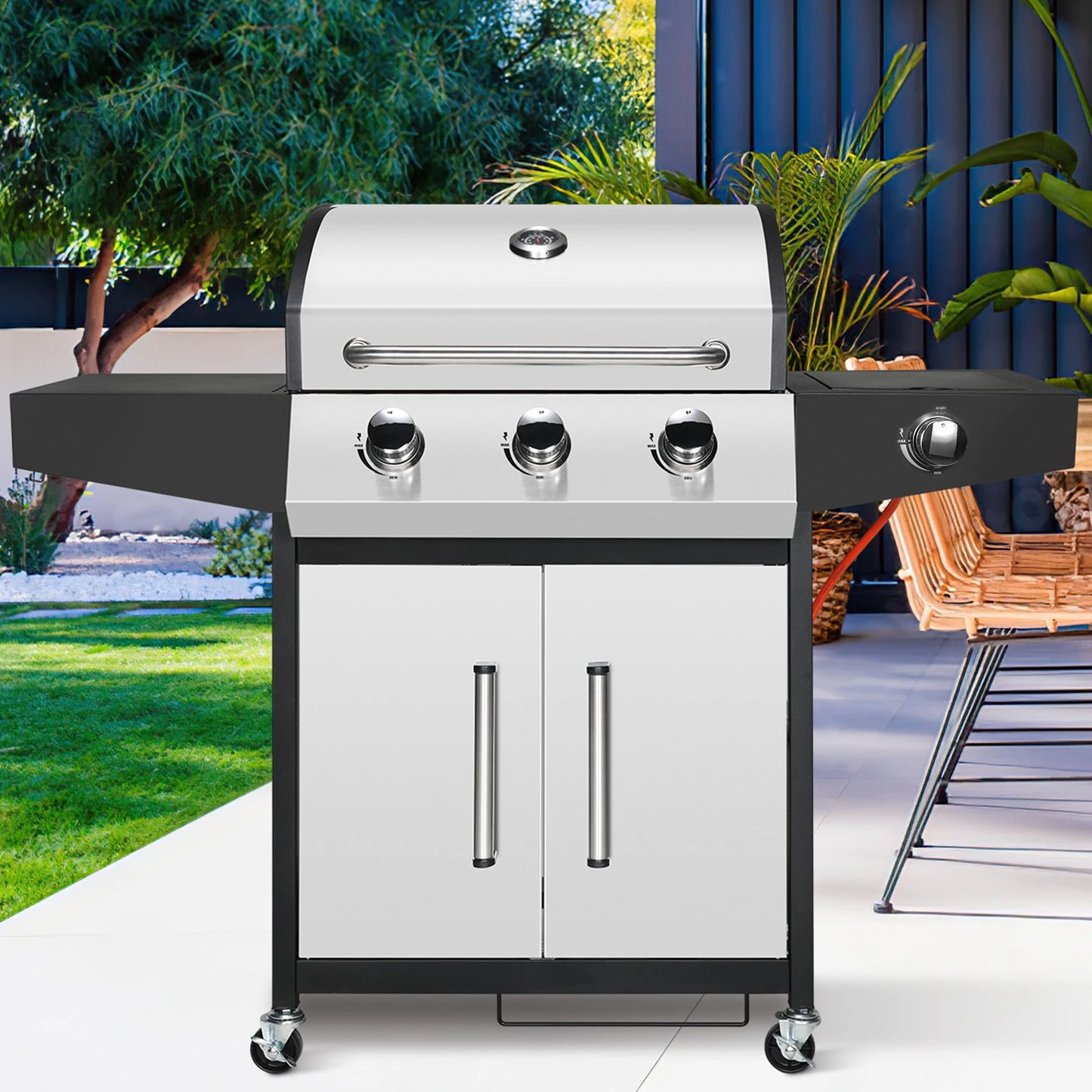 Gasbarbecue – Buitenbarbecue – BBQ Grill – 3 Pits – Zijbrander 10.000 BTU – RVS Branders – Gietijzeren Grillroosters - QUORE